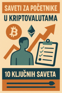 „Retro ilustracija sa natpisom ‘Saveti za početnike u kriptovalutama’, prikazuje simbole Bitcoina i Ethereuma, siluetu čoveka, grafikon rasta i čeklistu, u vintage stilu sa toplim bojama.“