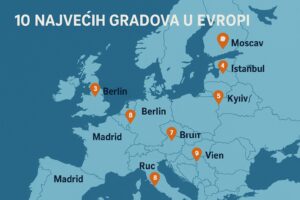 Mapa Evrope sa označenih 10 najvećih gradova po broju stanovnika u 2025. godini